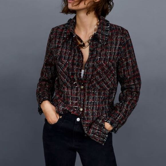 Zara Tweed Shacket Black Red Shirt Jacket Fringe Preppy Boho Contemporary Size S - Picture 1 of 15